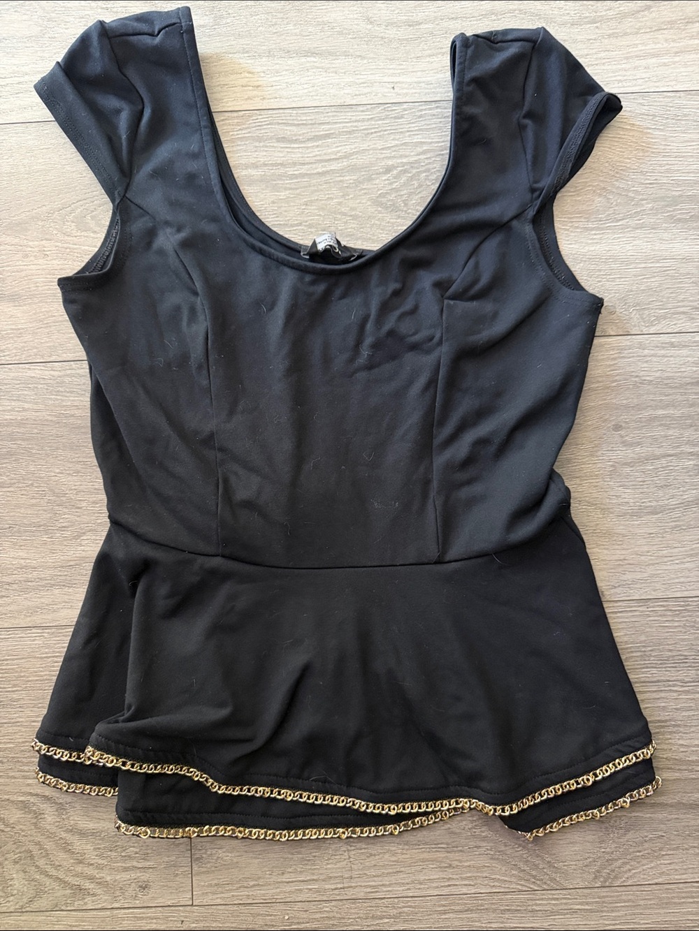 bebe Black Peplum Top with Gold Chain Trim
